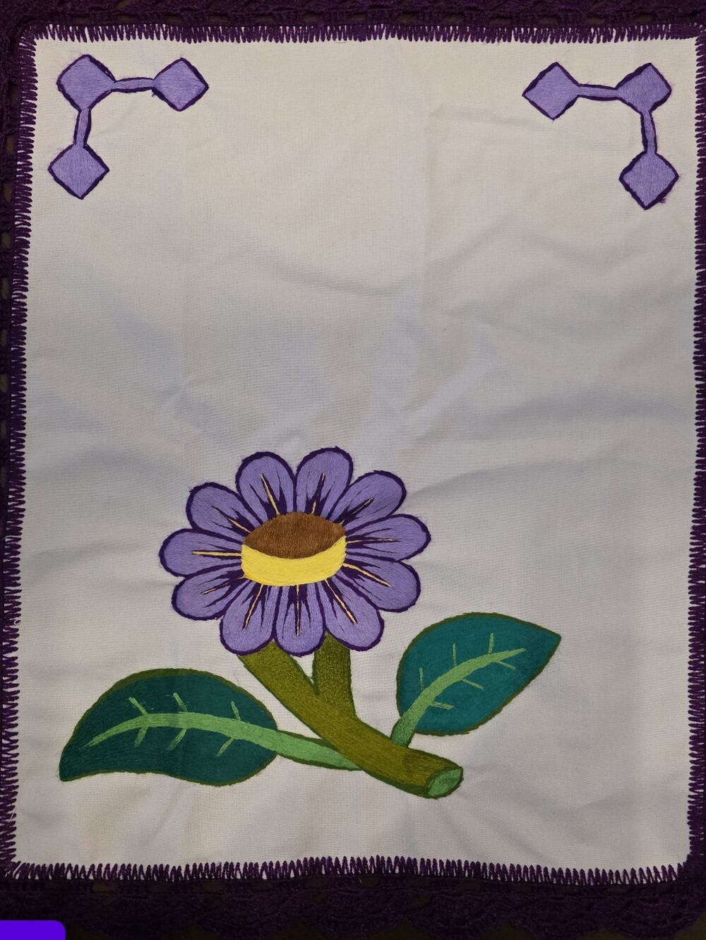 Hand-Embroidered Purple Floral Kitchen Towel - Purple